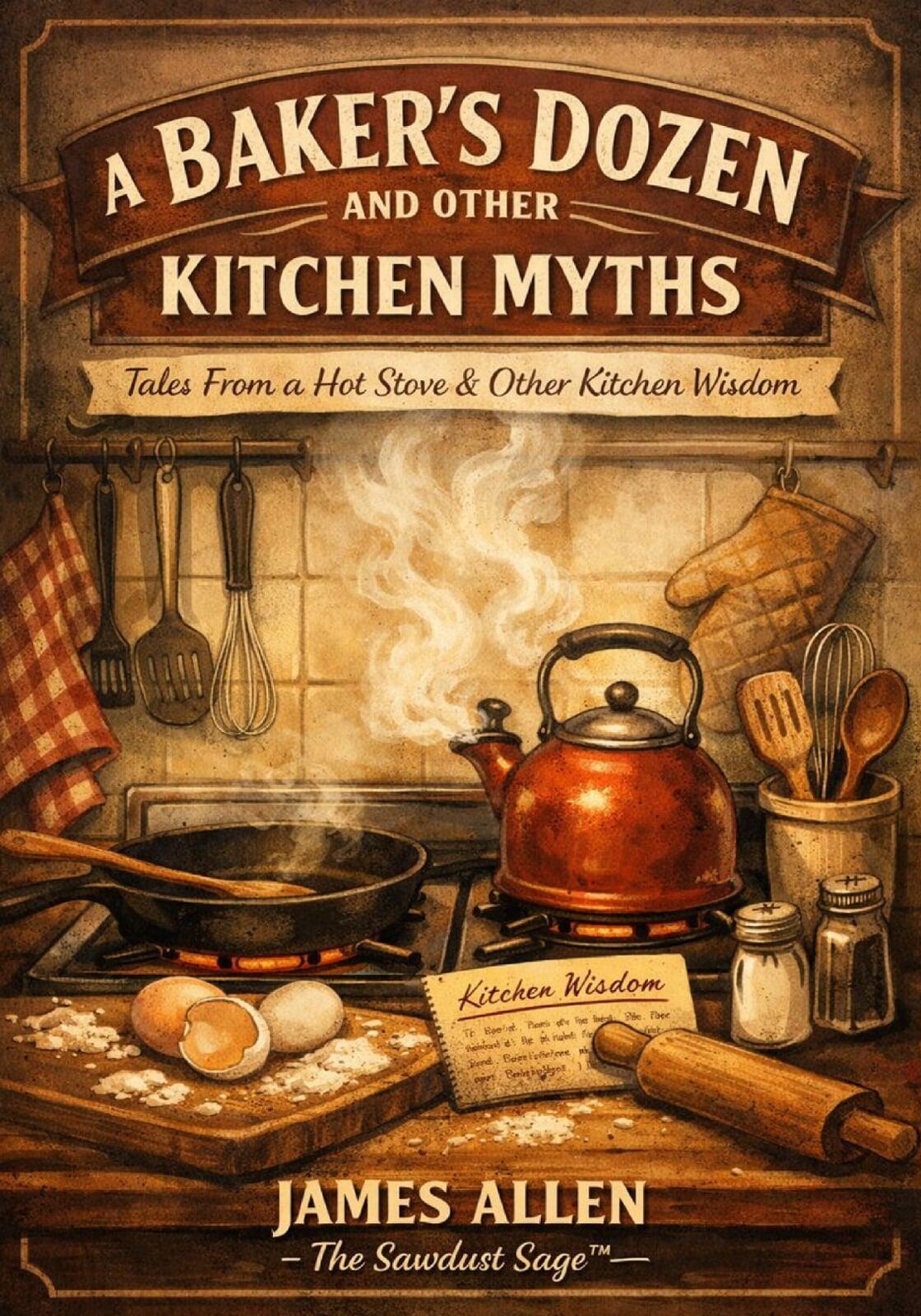Cover of A BAKER’S DOZEN AND OTHER KITCHEN MYTHS: Tales From a Hot Stove & Other Kitchen Wisdom Fronts by James Allen, from the Musings from the Sawdust Sage collection.