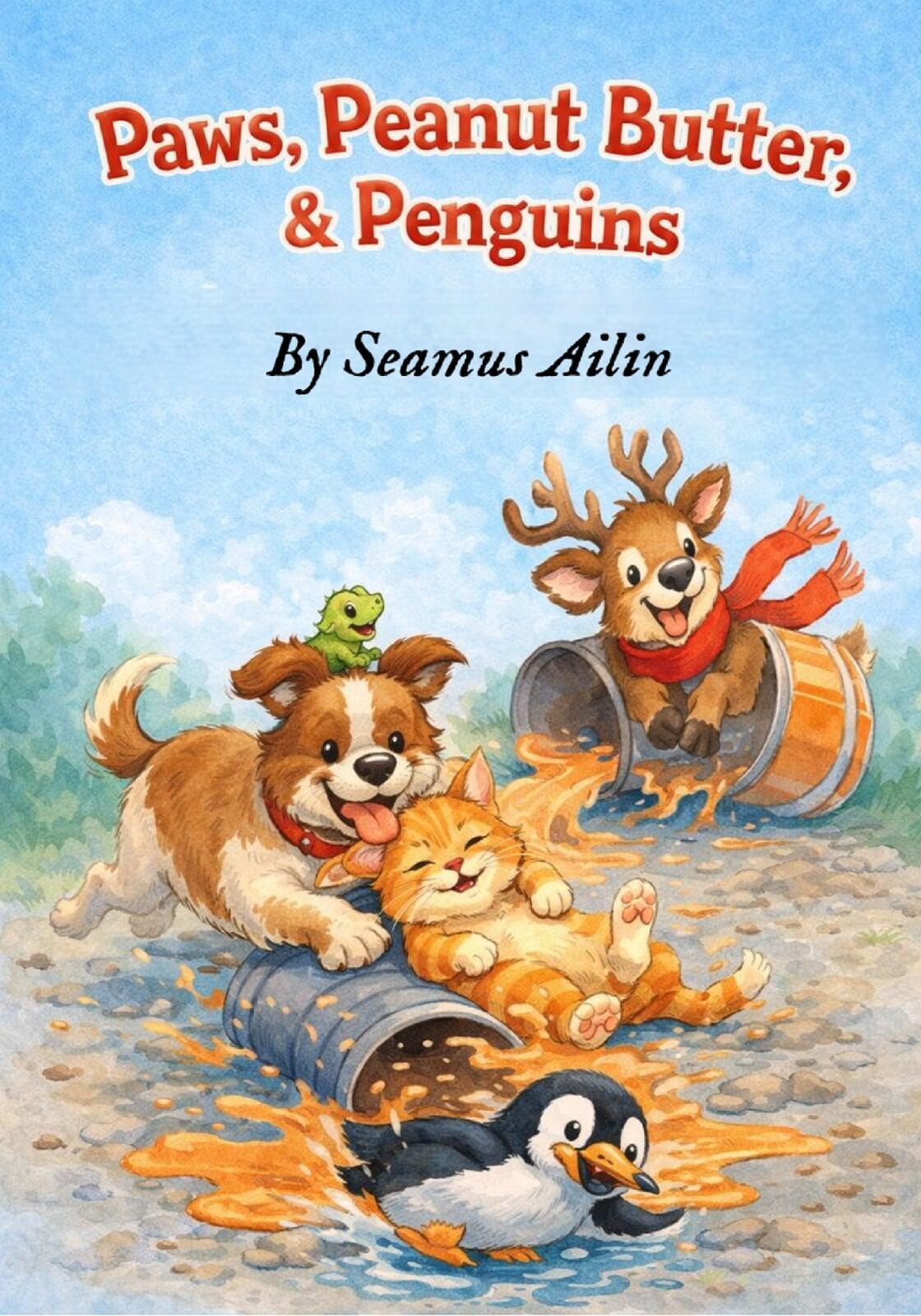 Book cover for Paws, Peanut Butter & Penguins by Seamus Ailin, a whimsical children’s poetry book.