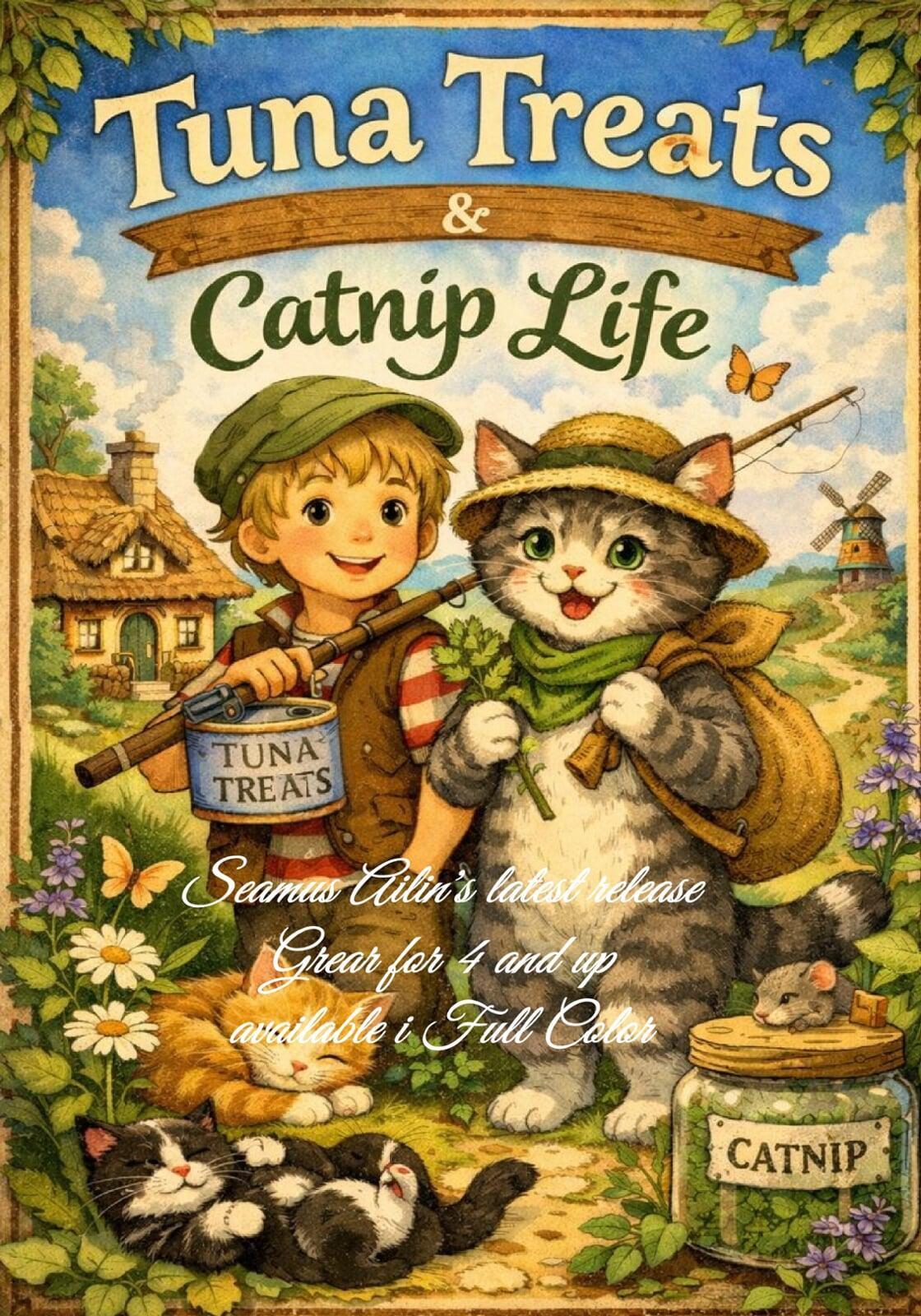 Book cover for Tuna Treats & Catnip Life, whimsical poems celebrating the curious world of cats.